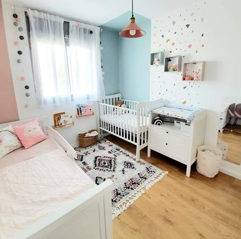 Nursery Shared With Sibling, Boy And Girl Shared Nursery, Shared Nursery And Toddler Room, Toddler And Baby Shared Room, Shared Baby Rooms, Baby And Toddler Shared Room, Small Shared Bedroom, Toddler And Baby Room, Sibling Room