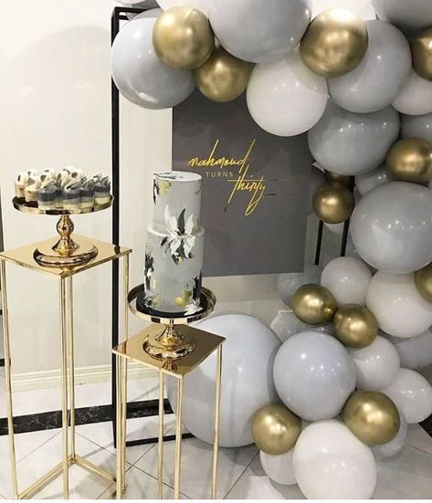 Grey and gold bridal shower Sweet 17, Green Balloon, Gold Bridal Showers, White Balloons, Gold Balloons, Gold Birthday, Eve Parties, New Years Eve Party, Grey And Gold