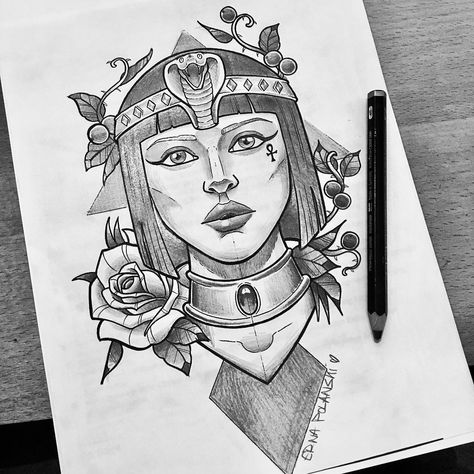 Little rough pencil sketch for today's appointment. Looking soooo forward to tattooing this cleopatra 😍 #tattoo #tattoos #tattooed… Cleopatra Sketch, Egypt Sketch, Cleopatra Tattoo, Historical Tattoos, Egyptian Drawings, Starověký Egypt, Egyptian Tattoo Sleeve, Egypt Tattoo, Explore Tattoo