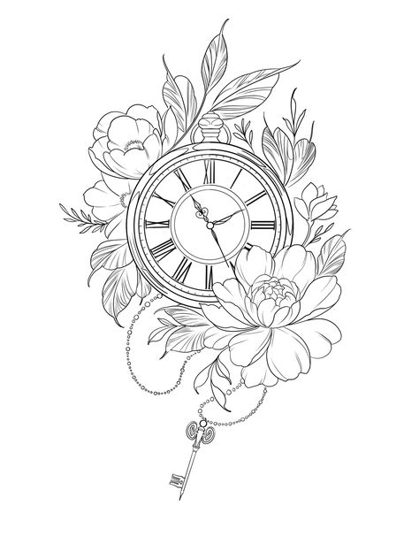 Flower Tattoo With Clock, Pocket Watch And Flower Tattoo, Womens Clock Tattoos, Female Clock Tattoo Design, Clock And Flower Tattoo Design, Pocket Watch With Flowers Tattoo, Alice In Wonderland Pocket Watch Tattoo, Clock And Flowers Tattoo, Alice In Wonderland Clock Tattoo