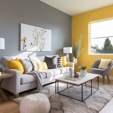 Yellow Interior Design Living Room, Yellow Walls Bedroom Ideas, Yellow And Grey Living Room, Living Room Design Yellow, Workout Room Ideas, Small Workout Room Ideas, Yellow Living Room Colors, Yellow Living Room Decor, Farm Stand Ideas