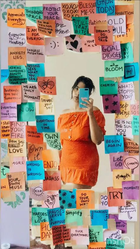 Mirror Selfie For Instagram, Selfie For Instagram, Sticky Notes Quotes, Mirror Selfie Ideas, Mirror Quotes, Law Attraction, Selfie Wall, Canvas Bag Design, Self Photography