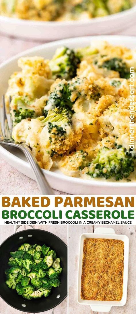 Baked Parmesan Broccoli Casserole is fresh broccoli in a yummy garlic parmesan cream sauce and a crispy breadcrumb topping! Brocolli Parmesan Bake, Broccoli Cauliflower Parmesan Bake, Broccoli Bake Casserole, Thanksgiving Recipes Broccoli, Parmesan Crusted Broccoli, Chicken Broccoli Parmesan, Cauliflower Meals, Parmesan Broccoli Recipes, Garlic Parmesan Cream Sauce