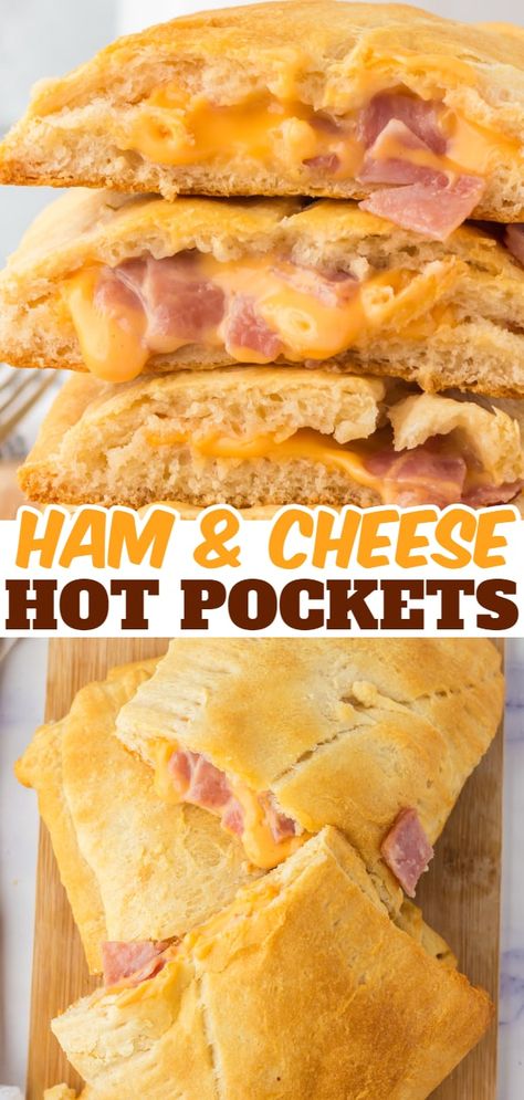 Ham and Cheese Hot Pockets are a kid friendly lunch or dinner recipe using Pillsbury crescent rolls, American cheese slices and chopped ham slices. Ham And Cheese Dinner Ideas, Quick Dinner Ideas With Crescent Rolls, Croissant Roll Up Recipes, Homemade Ham And Cheese Hot Pockets, Ham And Cheese Pockets Homemade, Homemade Hot Pockets Easy, Ham Cheese Crescent Rolls, Hot Pockets Homemade, Ham And Cheese Hot Pockets