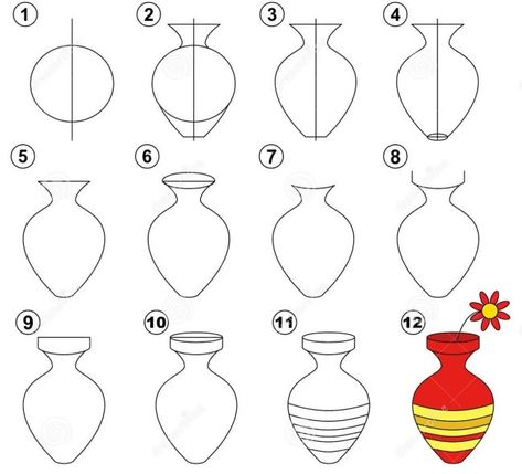 Flower Vase Drawing, Flower Vase Painting, Drawing Planner, Vase Drawing, Draw A Flower, Steps To Draw, Cute Flower Drawing, How To Draw Flowers, Wall Layout