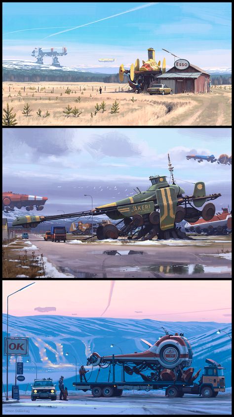 Apocalyptic Environment, Simon Stalenhag, Fantasy Vehicles, Future Aesthetic, Sci Fi Landscape, Scifi Art, Sci Fi Environment, Science Fiction Illustration, Concept Art World