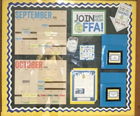 FFA Recruitment Bulletin Board-  can place papers to be picked up in the blue folders. Ffa Bulliten Board, Ag Teacher Bulletin Boards, Ffa Recruitment Ideas, Ag Bulletin Boards, Ffa Officer Retreat, Fbla Bulletin Board, Ag Classroom Bulletin Boards, Agriculture Bulletin Board Ideas, Ffa Classroom Ideas