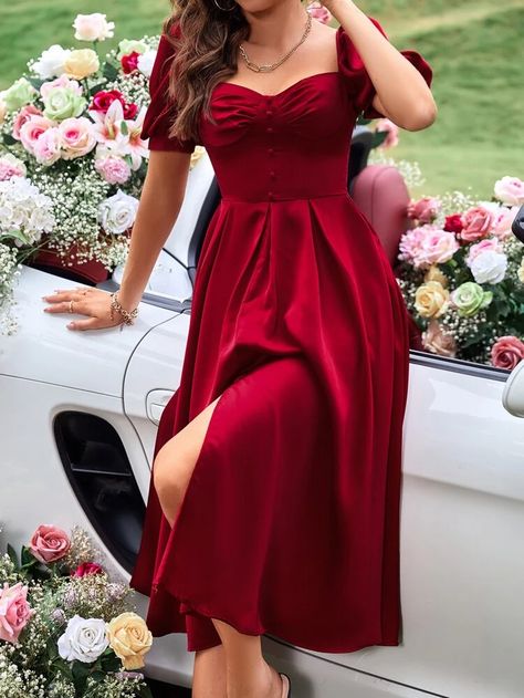 Ruched Fake Button Puff Sleeve Sweetheart Neck Split Thigh Satin Dress | SHEIN USA Satin Frocks For Women, Modern Dresses For Women, Red Dress Formal, Daytime Glam, Beautiful Frocks, Full Sleeves Dress, Red Dress Sleeves, Sweetheart Neckline Dress, Frock For Women