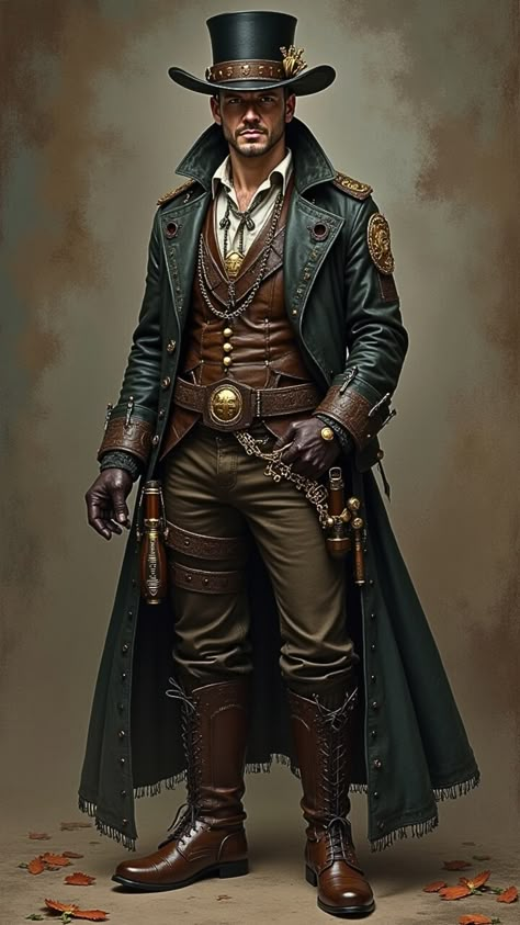 Visit our Channel for all type of Fantasy. linktr.ee/FantasyWorldsUnited #Fantasy #steampunk #art #character #dresslook Men’s Steampunk Outfits, Steampunk Cowboy Character Design, Victorian Steampunk Fashion Male, Steam Punk Fashion Mens, Steampunk Armor Art, Steampunk Pirate Men, Steampunk Gunslinger, Steampunk Art Characters, Steampunk Fashion Men