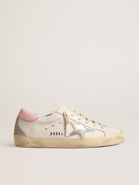 Women's Super-Star with silver leather star and pink heel tab | Golden Goose Golden Sneakers, Golden Goose Sneakers, Girly Shoes, Shoe Inspo, Golden Goose Shoes, Star Shoes, Star Sneakers, Super Star, Pink Heels