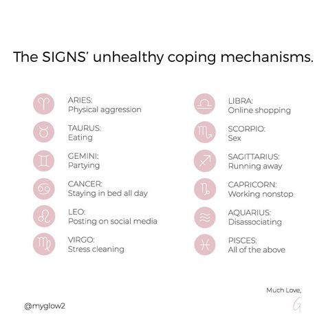 MY GLOW 2.’s Instagram profile post: “The signs’ unhealthy coping mechanisms. 💫 .... During stressful times, it’s important to be aware of these  avoid previous bad habits.…” Humor Is My Coping Mechanism, Humor Coping Mechanism, Bad Coping Mechanism, Coping Mechanism Healthy, Humour Is My Coping Mechanism, Unhealthy Coping Mechanism, Stay In Bed, Bad Habits, Coping Mechanisms