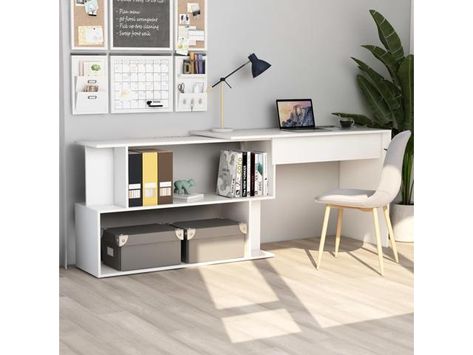 vidaXL Corner Desk Storage White Chipboard Writing Table Study Work Station - Newegg.com Modern Corner Desk, Wood Corner Desk, White Office Furniture, Modern Bureau, Table Computer, Paulownia Wood, Corner Computer Desk, Grey Desk, Office Workstations