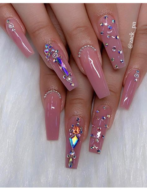 pink nude gel coffin nails with rhinestone nail designs Gel Coffin, Coffin Nails Designs Summer, Long Gel Nails, Long Nail Designs, Nails Design With Rhinestones, Coffin Nails Long, Bling Acrylic Nails, Glam Nails, Diamond Nails