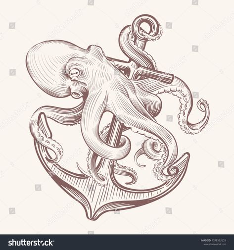 Octopus with anchor. Sketch sea kraken squid holding ship anchor. Octopus navy tattoo vector vintage designsea#kraken#squid#Octopus Octopus Anchor Tattoos, Kraken Drawing, Anchor Sketch, Navy Tattoos, Kraken Tattoo, Squid Tattoo, Octopus Tattoo Design, Octopus Tattoos, Tattoo Vector