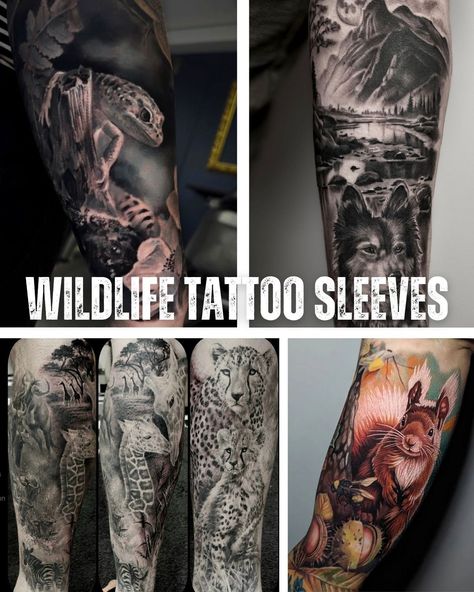 47 Wildlife Tattoo Designs You'll Want To Get - Tattoo Glee Savannah Tattoo Ideas, Safari Tattoo Sleeve Women, Animal Sleeve Tattoo For Women, Wildlife Tattoo Sleeve, Wildlife Tattoo Women, Jungle Tattoo Design, Jungle Tattoo Sleeve, Collage Tattoo, Jungle Tattoo