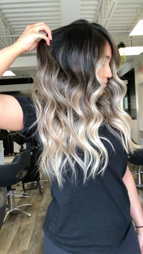 Black Roots Blonde Hair, Curls Video, Balyage Long Hair, Ash Blonde Hair Balayage, Overall Design, Black Hair Balayage, Client List, Ombre Hair Blonde, Brunette Hair With Highlights