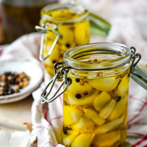 French style preserved garlic in oil - Larder Love Preserving In Oil, Canning Garlic Confit, Preserved Garlic, Garlic Confit, Walnut Pesto, Canning Tips, Pickling Spice, Pickled Radishes, Pickled Garlic