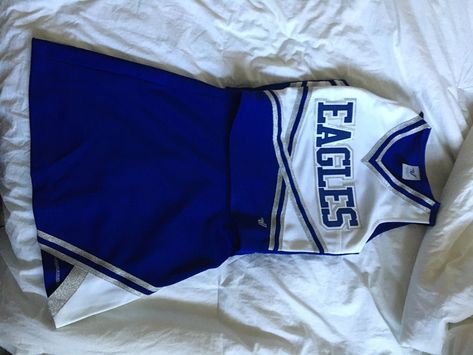 Navy Blue Cheer Uniforms, Cheerleading Outfits Blue, Blue And White Cheer Uniforms, Blue Cheer Uniforms, Cheerleading Outfits Aesthetic, Blue Cheerleader Uniform, Varsity Cheerleading, Cheer Moves, Cheerleader Uniforms