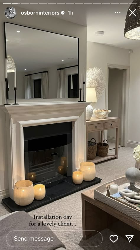 Living Room Mirror Above Fireplace, Dressing A Mantlepiece, Mantlepiece Decor Living Rooms, Mantle Piece Decor, Mantlepiece Styling, Fireplace Mirror Ideas, Mirror Fireplace Mantle, Mantlepiece Decor, Mirror Over Fireplace