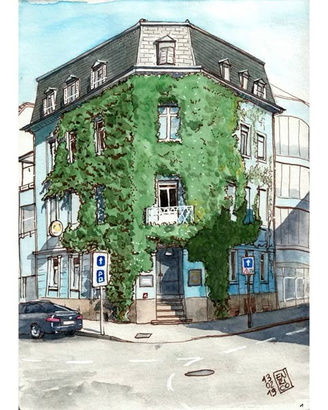 Vines On Building Drawing, Building Drawing Reference, Building Illustration Sketch, Green House Drawing, Perspective House Drawing, City Buildings Drawing, Modern Green House, Perspective Building Drawing, Vines Drawing