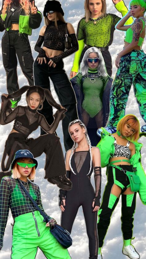 Collage of women’s techno rave outfits that are suitable for winter New Years Rave Outfit, Winter Rave Outfits Festivals, Warm Rave Outfits, Techno Outfit Rave, Rave Birthday, Rave Core, 1990s Rave, Winter Rave Outfits, Winter Rave