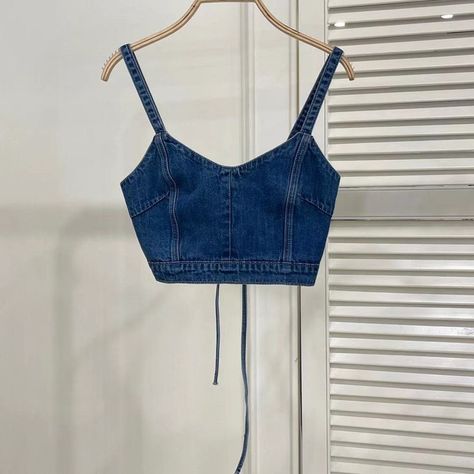 Korean Chic Summer Retro Sexy Denim Camisole Top Casual Bandage Tank Crop Fashion Y2k Corset Spaghetti Strap Streetwear Blouse 2023, Draping Ideas, Y2k Corset, Corset Fashion, Denim Crop Top, Summer Retro, Denim Blouse, Cropped Style, Denim Top