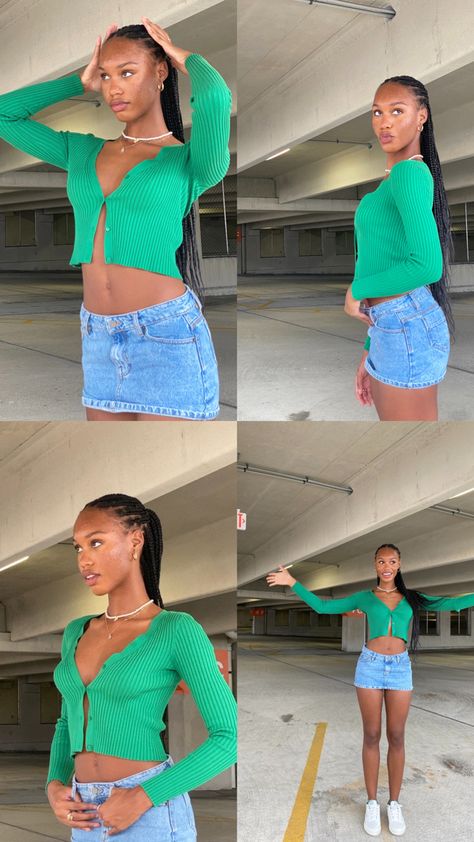 Short Demin Skirt Outfits, Green Top Denim Skirt, Short Denim Skirt Outfits Black Women, Short Denim Skirt Outfit Summer, Jean Tennis Skirt Outfit, Blue Jean Mini Skirt Outfit, Denim Mini Skirt Outfit Black Women, Denim Skirt Sneakers Outfit, Short Denim Skirt Outfit Casual