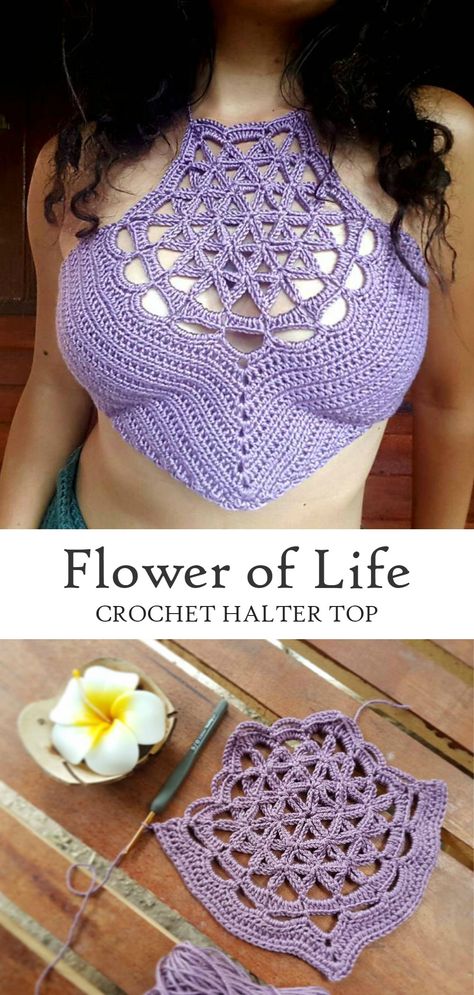 Crochet Flower of Life Halter Top Crochet Flower Of Life, Clothes Flower, Halter Crochet, Crochet Halter Top Pattern, Halter Top Pattern, Crochet Halter Top, Purple Crochet, Crochet Tops Free Patterns, Crochet Halter