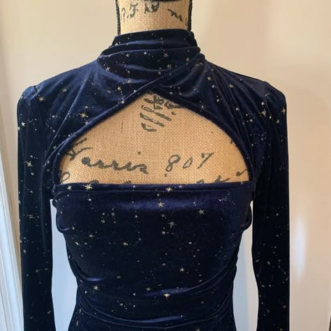 Nwt Cider Navy Star Dress, Never Worn Star Halloween Costume Women, Navy Star Dress, Starry Night Dress Short, Dark Blue Dress With Stars, A Night Under The Stars Theme Dress, Stary Night Dresses, Starry Night Theme Dress, Starry Night Outfit Ideas, Astronomer Outfit