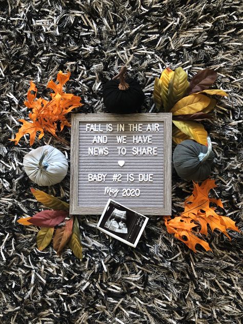 #Fallbabyannouncement. #baby2 Fall Rainbow Baby Announcement, Baby Fall Announcement Ideas, Diy Baby Announcement Photo, Pregnancy Halloween Announcement, May Due Date Announcement, Fall Second Baby Announcement, Halloween Baby Announcement Ideas, Fall Pregnancy Announcement Outfit, Fall Baby 2 Announcement Ideas