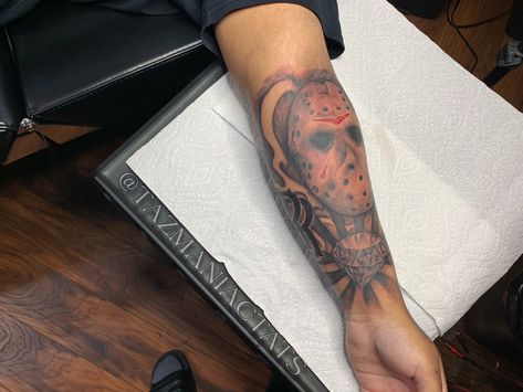 #jasontattoo #jasonmasktattoo #tattoos Jason Tattoo Design, Jason Mask Tattoo, Behind The Neck Tattoos, Jason Tattoo, Mask Tattoo Design, Adidas Logo Art, Glow Tattoo, Black Men Tattoos, Jason Mask