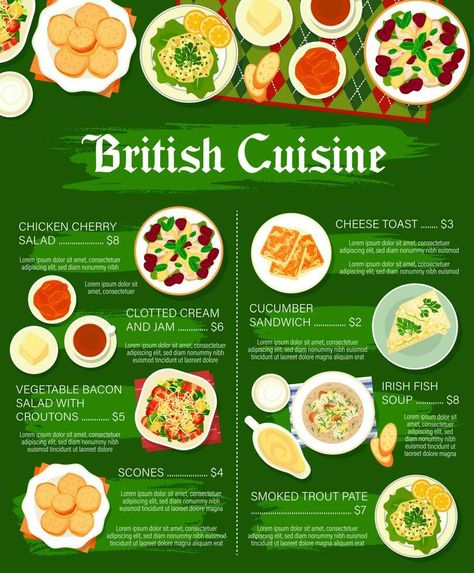 British cuisine restaurant dishes menu page design Menu Page Design, Colour Shade Card, Cherries Salad, Recipe Book Design, Bacon Soup, Shade Card, Restaurant Dishes, Cheese Toast, Food From Around The World