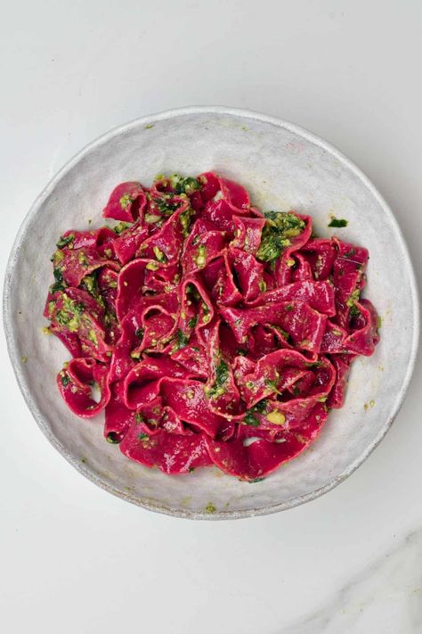 How to make beet pasta (aka pink pasta) at home with just 3 ingredients. This beetroot pasta is dairy-free, egg-free, with a subtle earthy flavor and bright pink color- perfect for impressing! Beetroot Pasta, How To Make Beets, Pink Pasta, Beet Pasta, Pasta At Home, Pasta Dough, Pasta Recipe, Egg Free, 3 Ingredients