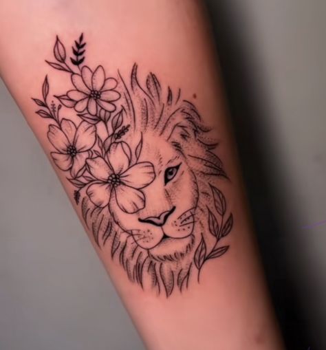 Ladies Lion Tattoo, Lion Flower Tattoo For Women, Leo Lion Tattoos For Women Arm, Lion Tattoo Ideas Female, Lion Arm Tattoo Women, Lion Female Tattoo, Lion And Flower Tattoo, Female Lion Tattoo For Women, Tattoo Ideas Female Lion