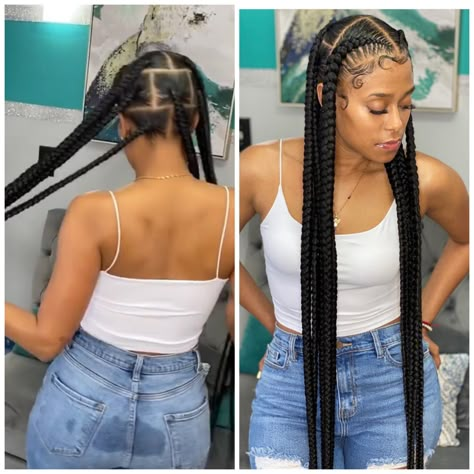 5 Box Braids Hairstyles, Jumbo Half Up Half Down Braids, 2 Braids With Knotless In The Back, Simple Braids With Weave, French Braid Styles For Black Women, Two Braid Styles For Black Hair, Four Braids Cornrow Natural Hair, Half Up Half Braided Hairstyles, 5 Braids Hairstyles