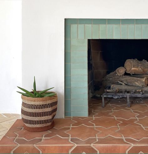 Bohemian Tile Fireplace, Zia Tile Fireplace, Zia Tile Kitchen, Terracotta Fireplace Tile, Tile Inside Fireplace, Spanish Tile Fireplace, Fireplace Makeover Tile, Green Tile Fireplace, Tulum Design