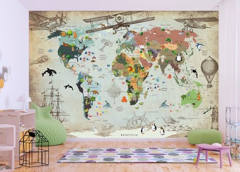 Playroom Mural, Kindergarten Wallpaper, World Map Wall Decor, Playroom Wallpaper, Large Wall Decals, Kids World Map, Wallpaper Kids, Map Murals, World Map Wallpaper