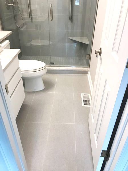 Straight Lay Tile Bathroom Floor, Small Bathroom 12x24 Tile, 12x24 Bathroom Floor Tile Layout, Light Grey Tile Floor Bathroom, Simple Bathroom Floor Tile Ideas, Light Grey Bathroom Floor Tile, 12x24 Floor Tile Patterns Bathroom, Square Bathroom Floor Tile, 12x24 Tile Floor