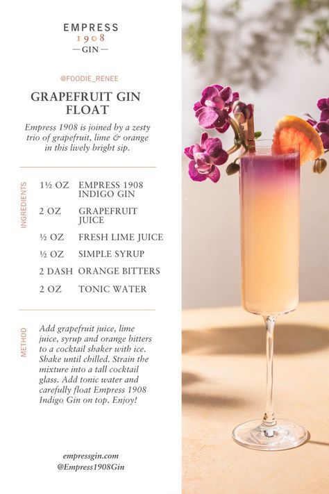 Empress Gin, Empress 1908 Gin, Fancy Drinks, Mixed Drinks Recipes, Cocktail Drinks Recipes, Tonic Water, Grapefruit Juice, Alcohol Drink Recipes, Drinks Alcohol Recipes