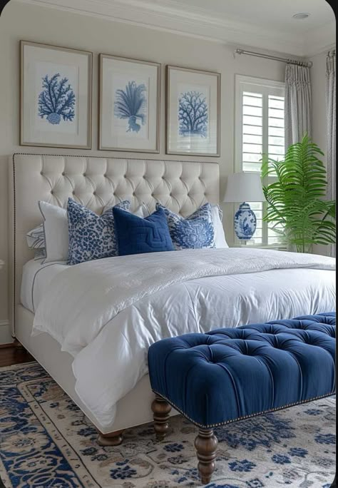 Ocean Themed Bedroom, Blue Room Decor, Blue Bedroom Decor, Blue And White Decor, Room Makeover Bedroom, Bedroom Refresh, Master Bedrooms Decor, Blue Bedroom, Master Bedrooms