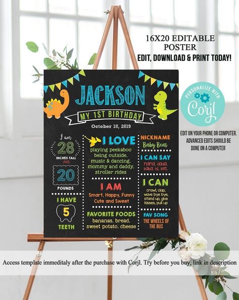 Celebrating Milestones: Creative First Birthday Sign Designs Chalkboard Template, First Birthday Board, First Birthday Milestone, Diy Dinosaur, Birthday Milestone Board, First Birthday Posters, First Birthday Chalkboard, Milestone Stickers, Dinosaur First Birthday