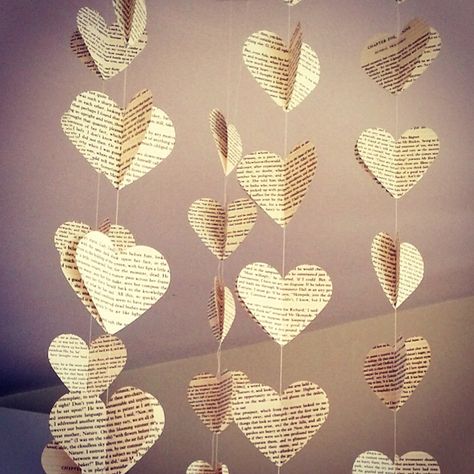 Book Page Heart Garland, Hearts Hanging From Ceiling, Forest Room Decor, Paper Curtain, Diy Y2k, Punk Room, Heart Collage, Hen Weekend, String Curtains