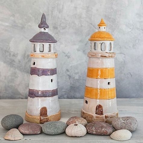 Clay Lighthouse, Lighthouse Ceramic, Ceramic Lighthouse, Lighthouse Candle Holder, Lighthouse Crafts, Diy Canvas Art Easy, Ceramics Pottery Mugs, Pottery Houses, Pottery Workshop