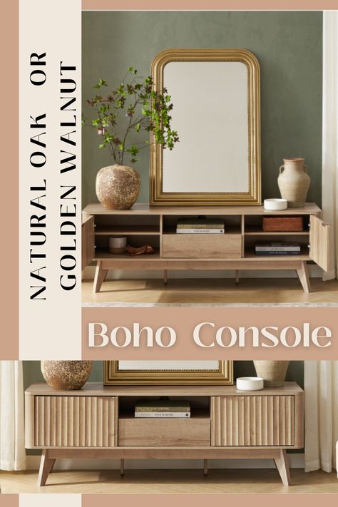 Boho Tv Stands Living Rooms, Boho Tv Console, Media Console Ideas, Bohemian Tv Stand, Boho Tv Stand, Boho Tv, Bnb Ideas, Boho Hallway, Mid Century Modern Tv Stand