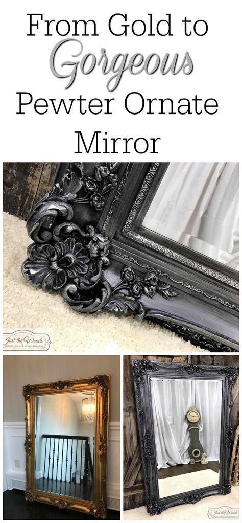 From gold to gorgeous pewter. A vintage ornate mirror with amazing details has been hand painted a metallic pewter  to create a new look from its original gold Paint Old Mirror Frame, Big Mirrors Over Fireplace, Paint Metal Mirror Frame, Mirror Frame Color Ideas, Painted Ornate Mirror, Gold Mirror Makeover, Refurbished Mirror Ideas, Upcycle Mirror Frame, Refurbished Mirror