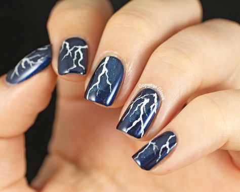 Nail Art Lightning Bolt, Lightning Bolt Nail Art, Blue Lightning Nails, Nail Art Lightning, Lightning Nail Design, Lightning Bolt Nail Design, Lightning Bolt Nails Blue, Lightning Nail Art Tutorial, Dark Blue Flame Nails