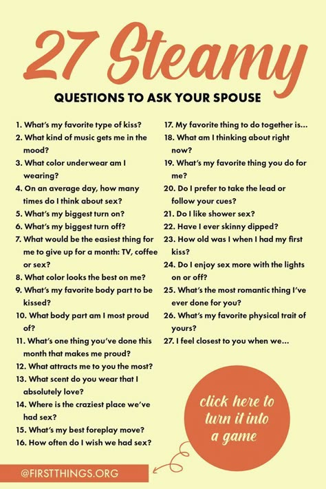 27 steamy questions to ask your spouse Places To Go For Valentines Day, Steamy Questions To Ask, Questions To Ask Your Spouse, The Newlywed Game, The Art Of Communication, Deep Conversation Topics, Art Of Communication, Date Night Games, Creative Date Night Ideas