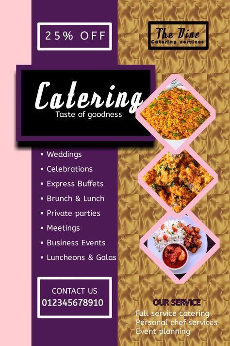 flyer for a brand offering Catering/food services Flyers For Food Business, Branding Services Poster, Catering Branding Design, Catering Services Poster, Catering Poster Design, Catering Business Names, Food Flyer Design Creative, Catering Services Flyer, Catering Flyer Design