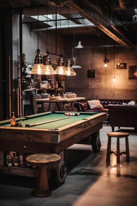 Church Basement Makeover, Garage Design Man Cave, Maximalist Basement, Basement Pool Table Room Ideas, Basement Pool Table Room, Basement Man Cave Ideas, Basement Luxury, Basement Pool Table, Man Cave Barn