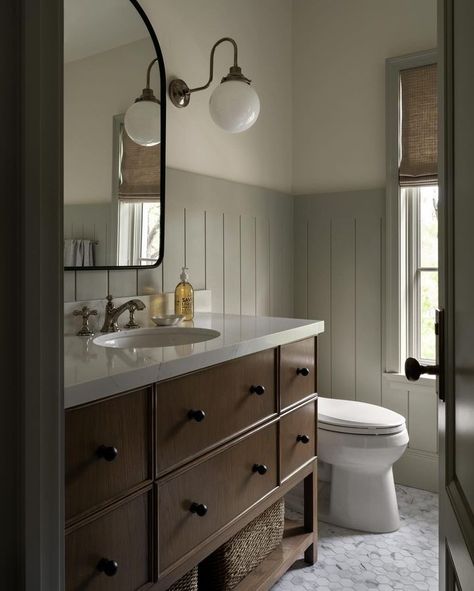 Studio McGee | Beautiful powder bathroom moments—which one is your favorite? #SMhoustonestate Builder: @erinstetzerhomes Architect:... | Instagram Dark Wood Vanity Bathroom, Walls Design Ideas, Earthy Bathroom Ideas, Dark Brown Bathroom, Mcgee Bathroom, Shiplap Trim, Brown Bathroom Vanity, Gray Shiplap, Dark Wood Bathroom